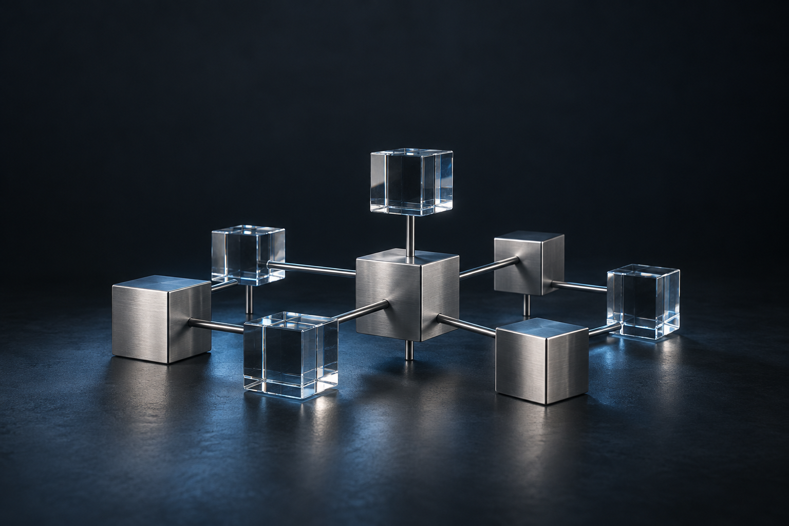 Abstrakte Netzwerkskulptur aus Metall und Glas